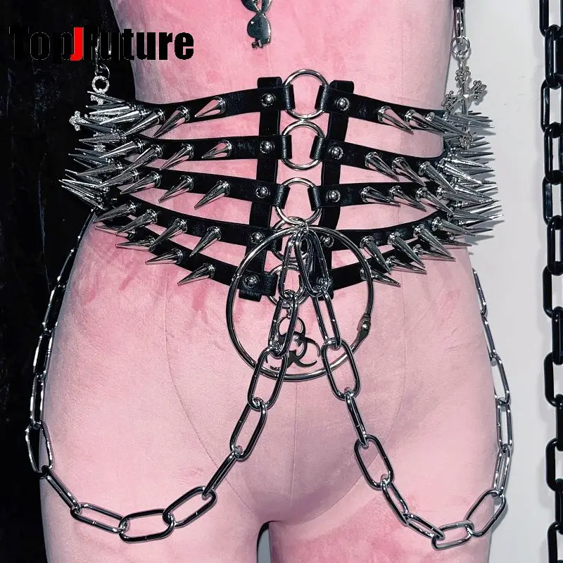 Subculture Women's Harajuku Steampunk Y2K  Girls Gothic Lolita rivets Street culture Chain Spike Corset belt waist seal chain