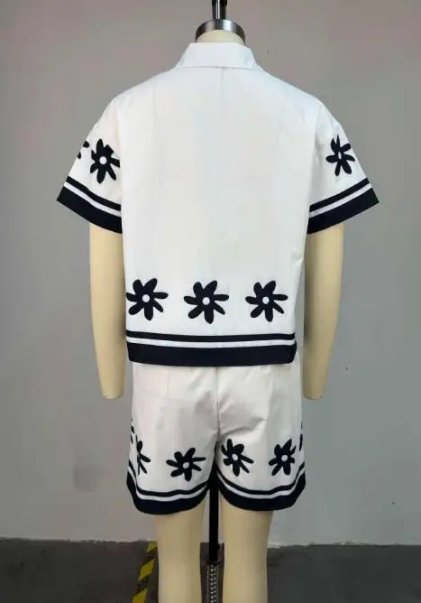 Two Piece Set Women Outfit 2025 Summer New Turn-Down Collar Color Blocked Print Short Sleeve Shirt & Casual Daily Shorts Set