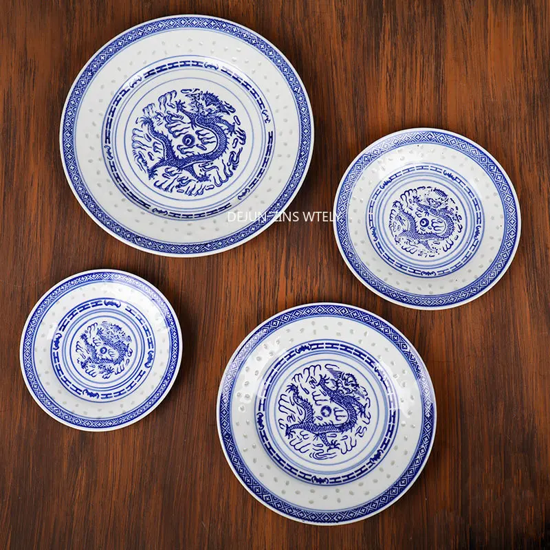 1PC Jingdezhen Ceramic Flat Plates Household Retro Ceramic Dragon-pattern Plate Traditional Blue-and-white Porcelain Fruit Plate