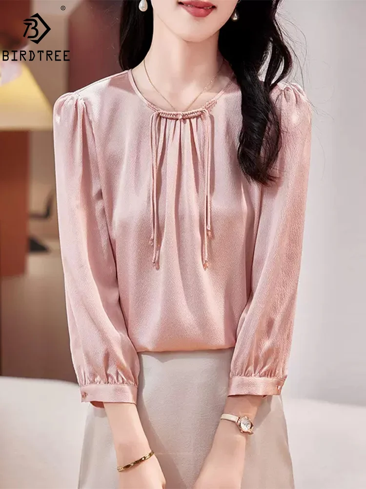 

BirdTree, 91.8%Natural Silk Elegant Shirt, Women Round Neck Tassel Solid, Fashion Commute OL Tops, 2024 Summer Autumn T46426QM