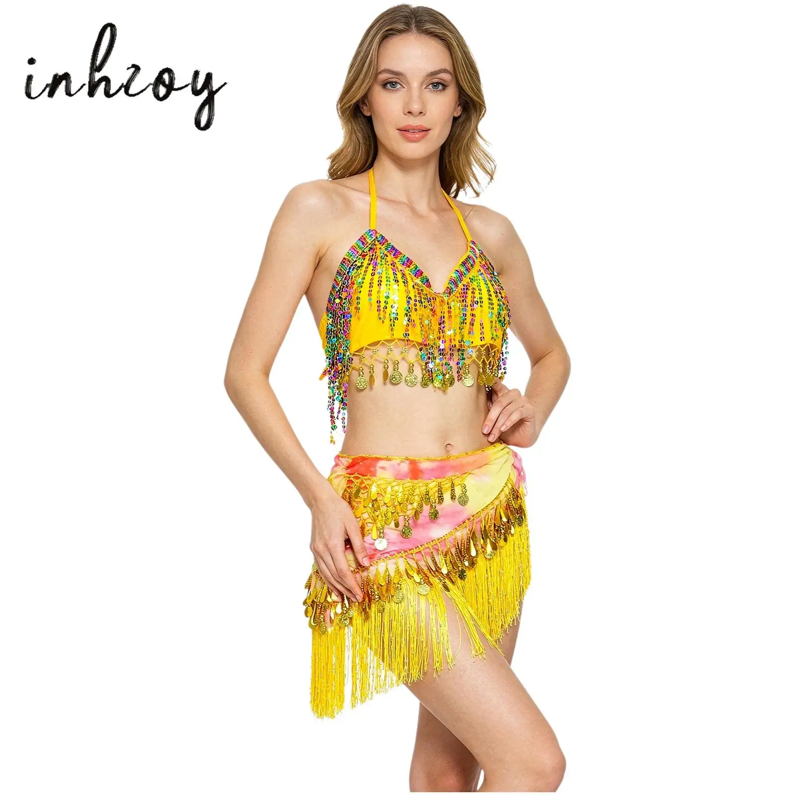 Women 2-piece Belly Dance Outfit Sequins Tassel Self-tie Padded Bra Top+Lace-up Tie-dye Hip Scarf Skirt for Stage Performance