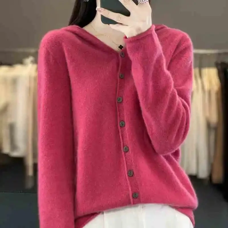 

100% Merino Wool Knitted Cardigan Women's Autumn And Winter Hoodie Loose Sweater Fashionable Versatile Coat Top