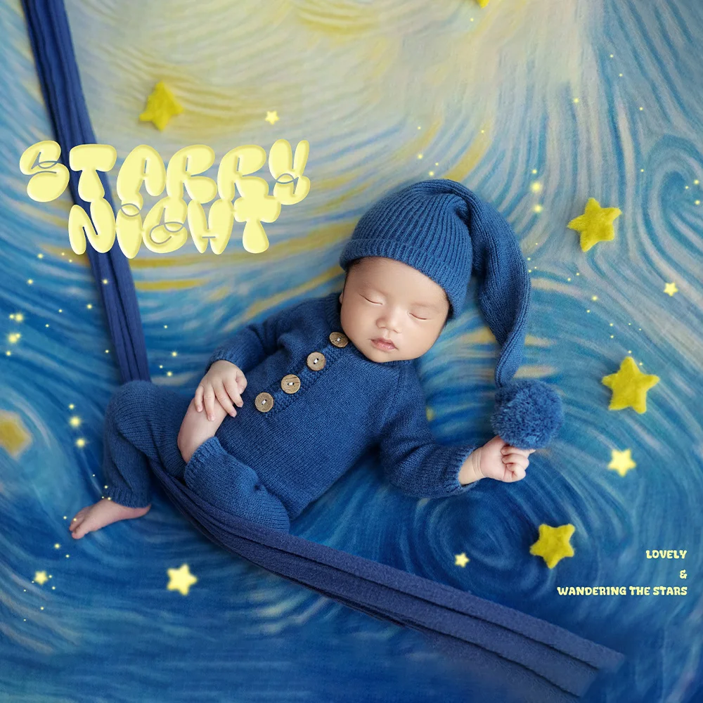 Famous Painting Starry Night Baby Photoshoot Background Baby Costume Knitted Long-Sleeved Jumpsuit+Long Tail Hat Photography Set