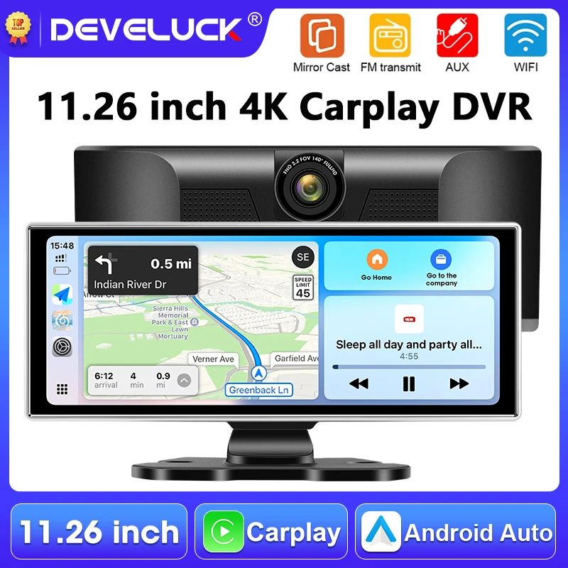 Portable 11.26 inch Car DVR 4K Camera Dashcam Wireless Carplay & Android Auto GPS Navigation Dashboard Video Recorder BT FM AUX