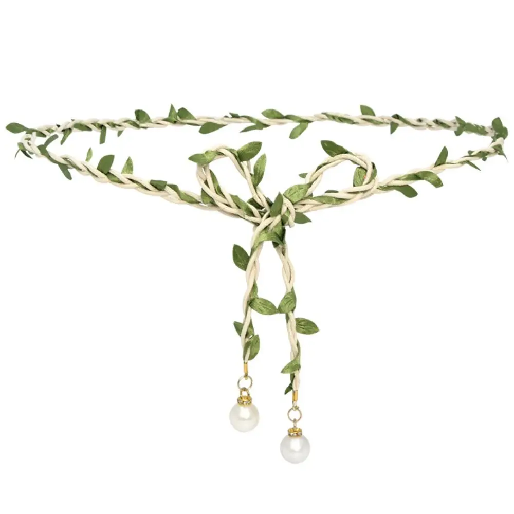 Adjustable Leaf Ethnic Style Waist Belt Bohemian Thin Leather Weave Waist Chain Pearl Beaded Coat Decor Dress Decoration Party