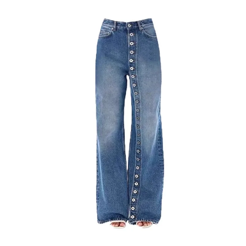 

Women's Streetwear Row Button Design High Waist Wide Leg Jeans Spring New Loose Slim Casual Straight Denim Pants Trendy Fashion