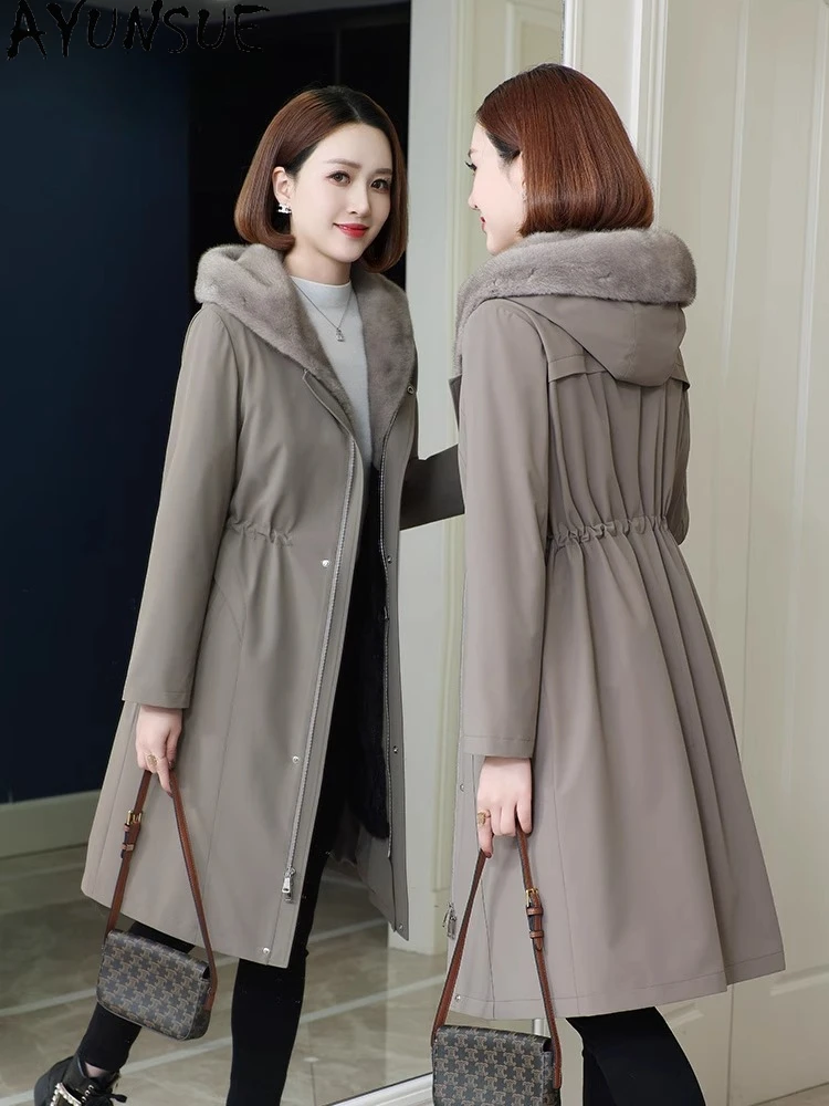เสื้อโค้ทขนมิงค์ AYUNSUE สำหรับผู้หญิง เสื้อผ้าฤดูหนาว คอขนมิงค์แท้ เสื้อพาร์กาความยาวปานกลาง ปี 2025 เสื้อโค้ทขนสัตว์แท้ เสื้อโค้ทผู้หญิง