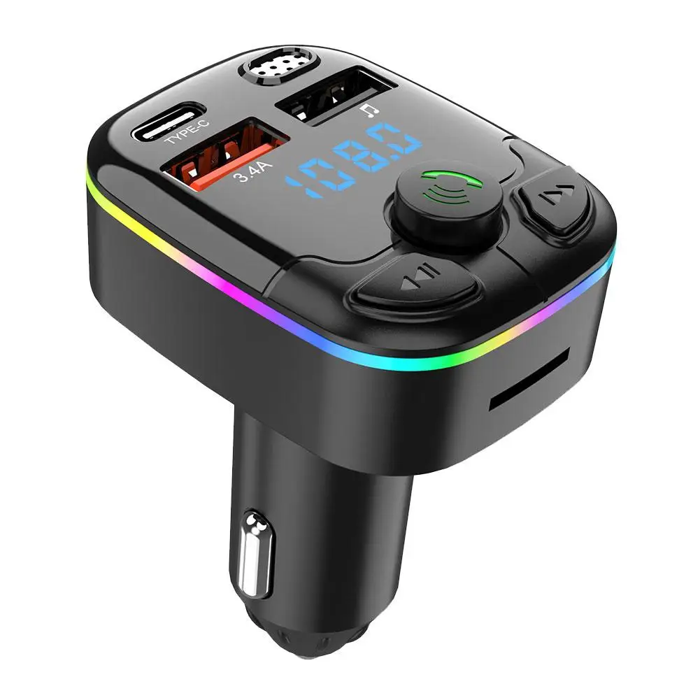 Car Bluetooth 5.0 Fm Transmitter Pd Type-c Dual Usb 3.1a Ambient Light Colorful Mp3 Handsfree Player Modulator