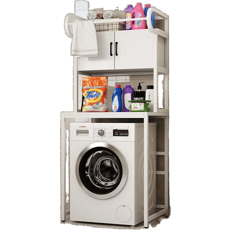 

washing machine, shelf, bathroom, floor, drum, upper cabinet.