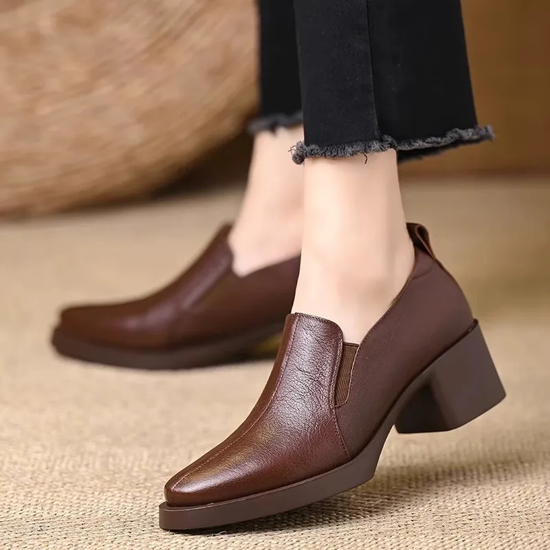 

Leather Shoes for Women 2026 New Style Autumn Thick Heel High Heels Single Shoes Le Fu Shoes Soft Soled Women's