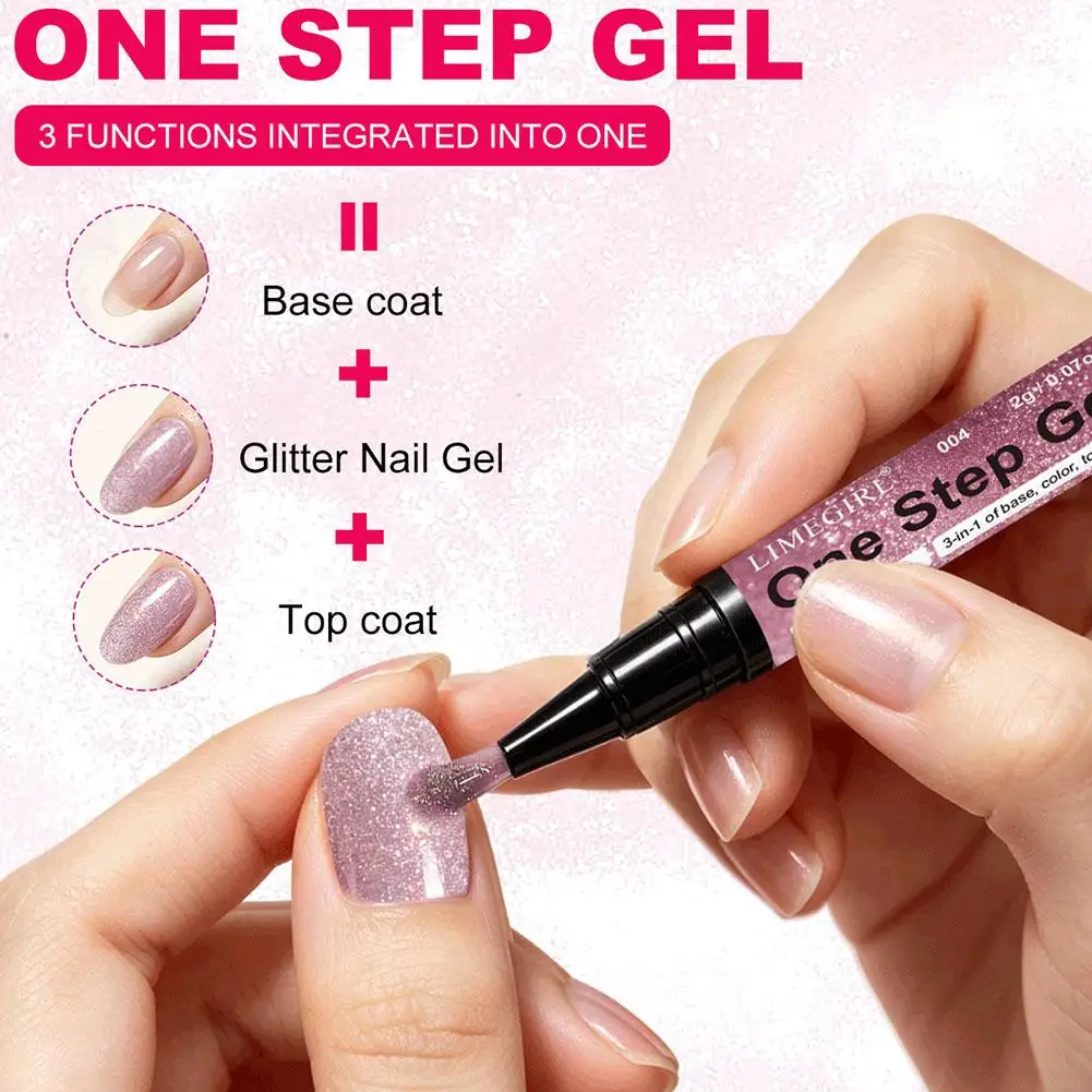 3IN1 Glitter One Step Gel Nail Polish Pen Quick-Dry Long-Lasting Graffiti Paint Brush No Base Top Coat Needed for Outdoor Travel