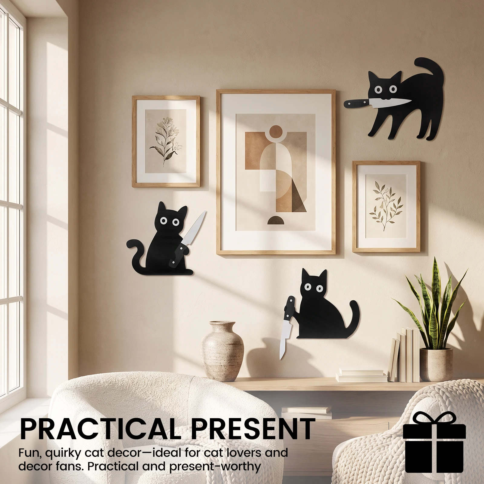 3 Pcs Funny Black Cat Wall Decor Wooden Cat Shape Wall Art Ornament with Double Sided Adhesive Dot for Living Room Bedroom Home