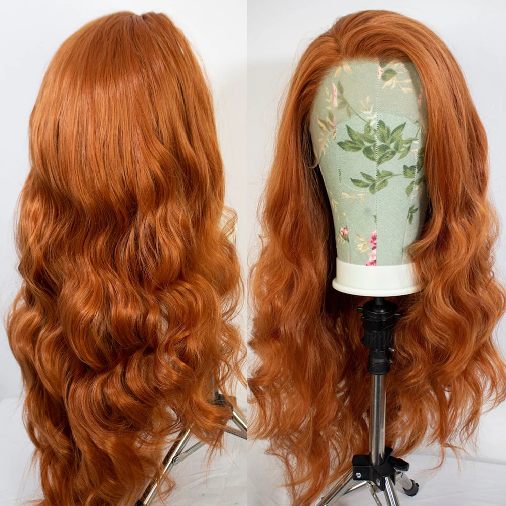 Peluca de encaje frontal para mujer, pelo largo y ondulado, 26 pulgadas, parte de encaje, naranja, jengibre, sintético