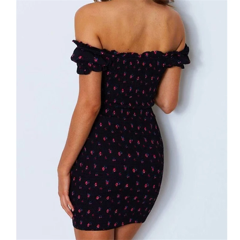 Vestido corto de verano con estampado Floral para mujer, minivestido de oficina con volantes delanteros y hombros descubiertos, cuello de barco