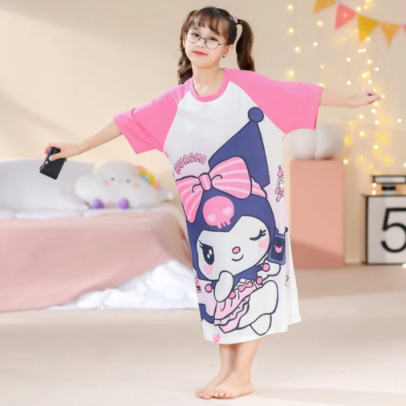 Girls' Ice Silk Cotton Thin Short-sleeved Nightgown Sleepwear Kids' Pajamas Robe Children's Clothing Mother