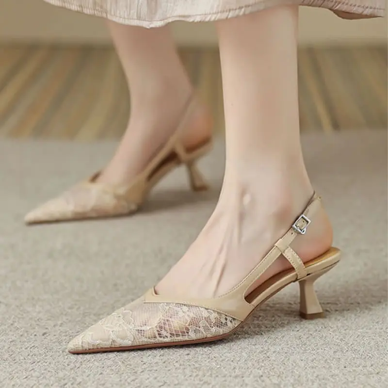 Ladies Sexy Lace Pointed Toe Stiletto Shoes for Women 2024 Summer New Fashion Back Empty Toe Sandals for Women Zapatos De Mujer