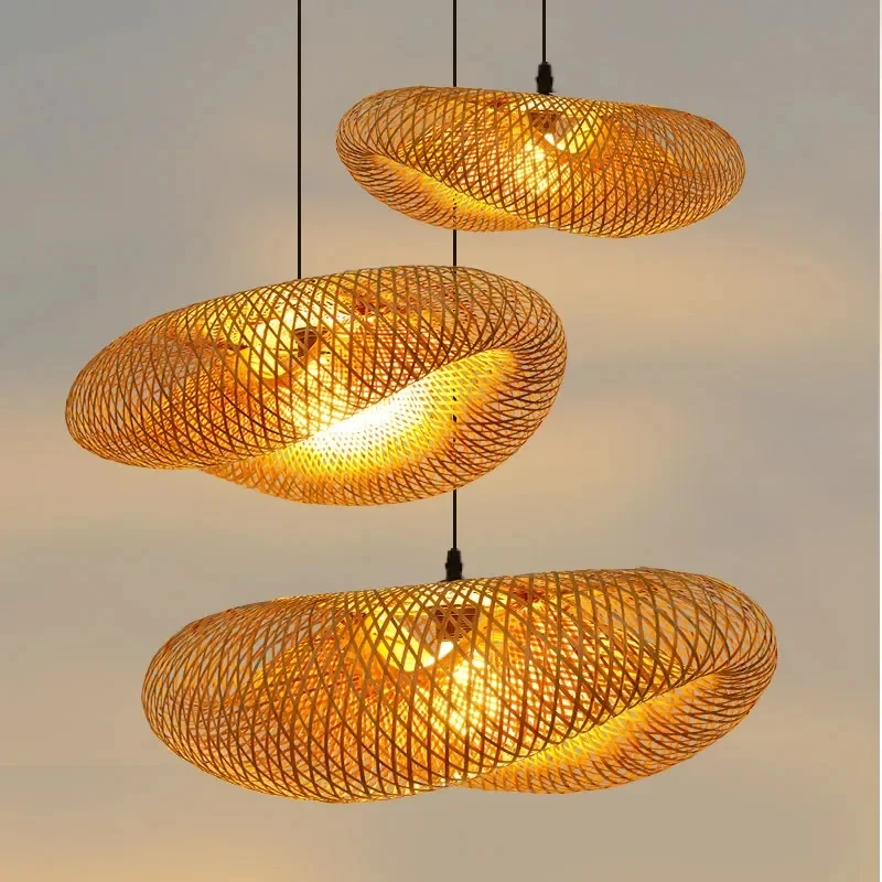 Handmade Rattan Woven Vintage Bamboo Weaving LED Pendant Light Chandelier for Living Room Kitchen and Home Decor Hanging Lamp