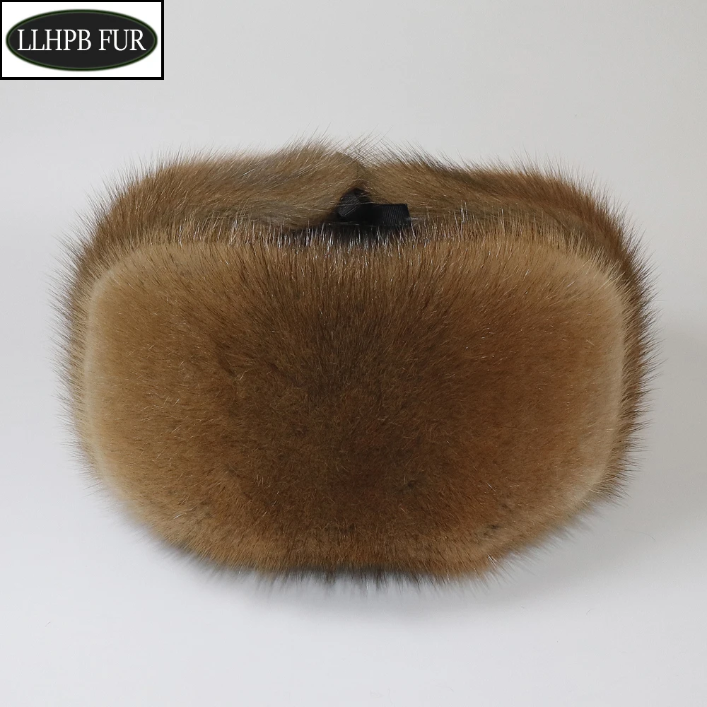 Winter Men Real Mink Fur Bomber Hat Natural Sheepskin Leather Hats Outdoor Keep Warm Thick 100% Genuine Mink Fur Cap For Male