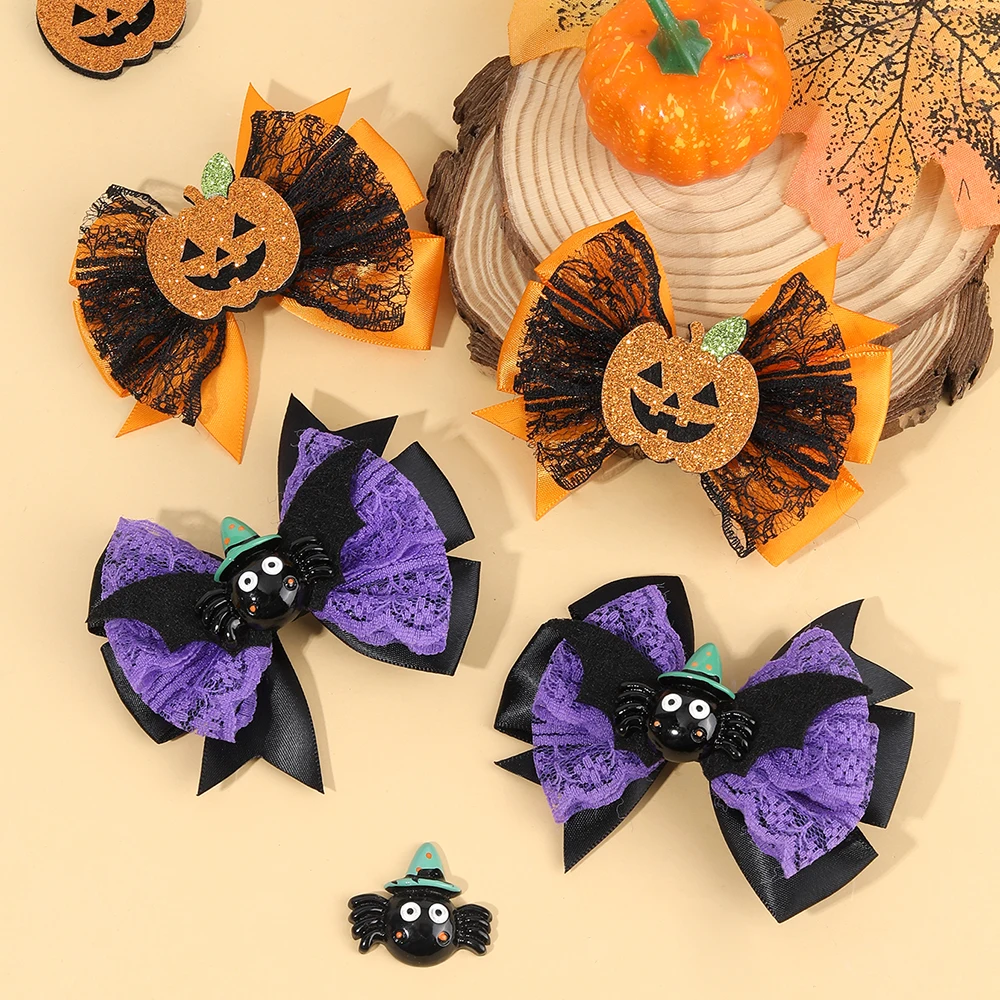 2/4Pcs Halloween Hair Clips Set Pumpkin & Bat Lace Satin Hairpins For Children Girls' Spooky Party Headwear Hair Accessories