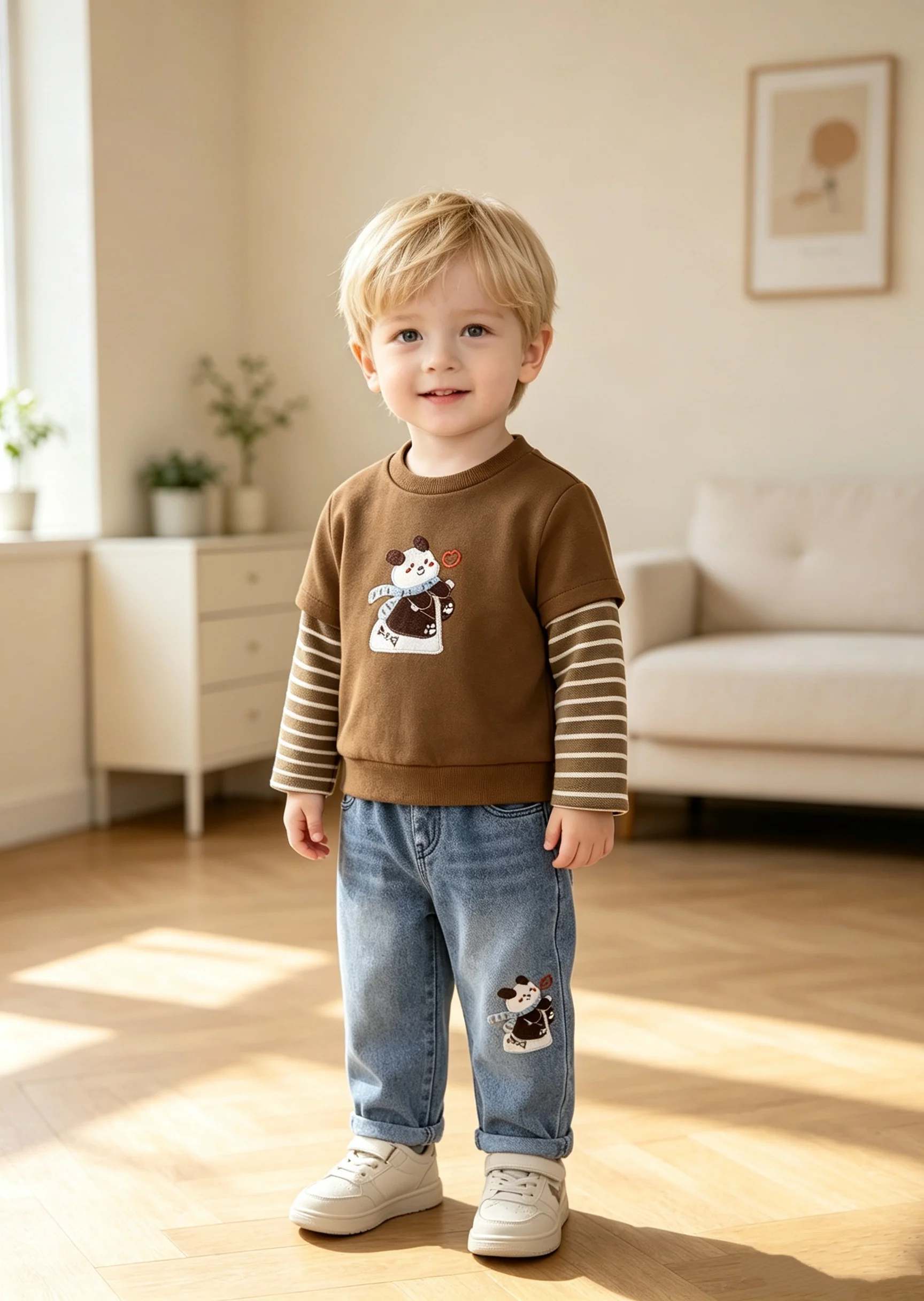 Baby Boy Spring Autumn Two-Piece Set Panda Embroidery Faux Two-Piece Sweatshirt + Embroidered Cuffed Jeans Outfit