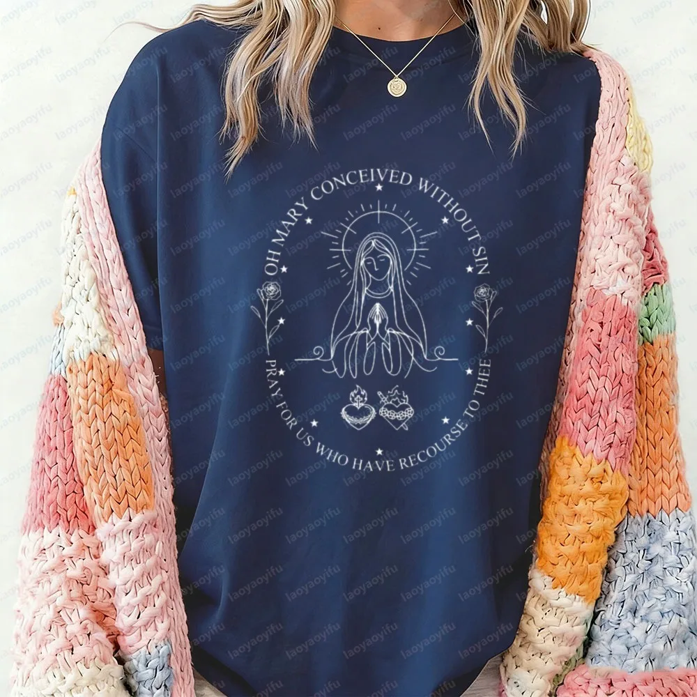 Marian Catholic Shirt Virgin Mary Tee Catholic Gift for Women Floral Blessed Mother Shirt Christian Faith Prayer Graphic Tee Top