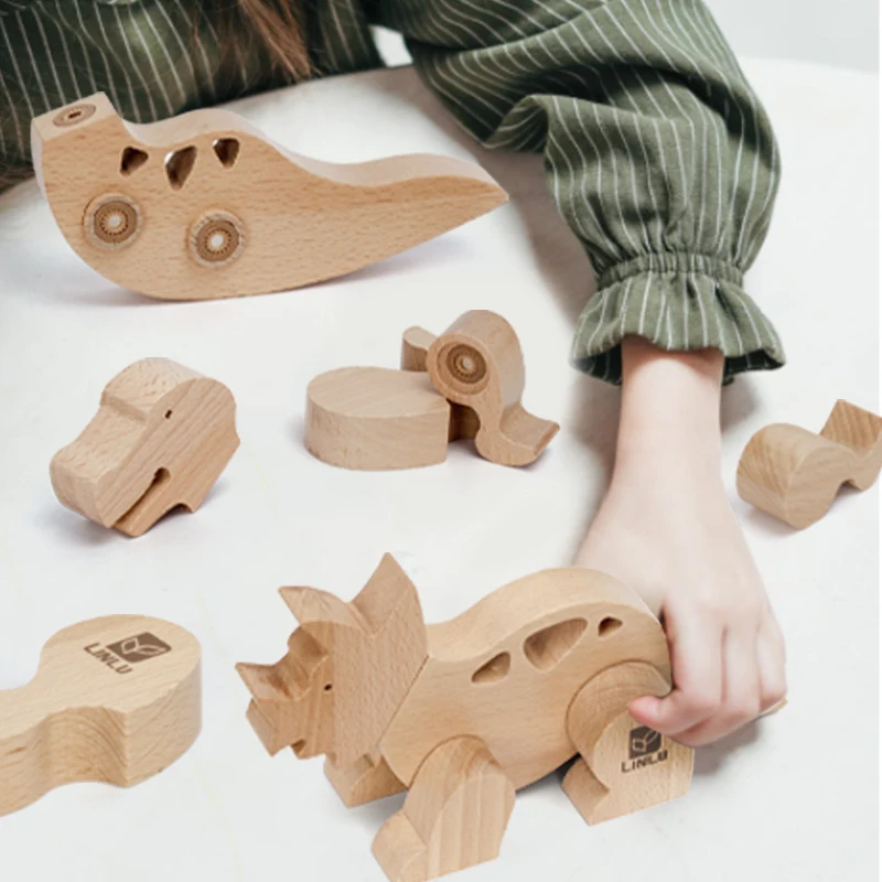 Wooden Dinosaur Cartoon Puzzle Children Montessori Toy Building Blocks for Kids Early Education Birthday Gift Magnetic Assembly