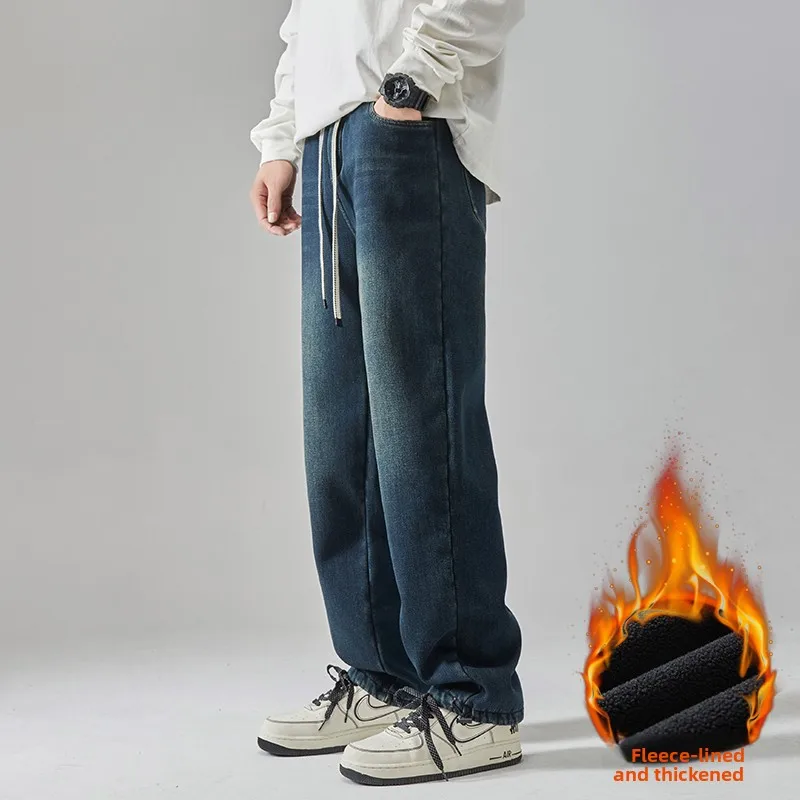 

Мужские джинсы из денима, осенне-зимние, новые, свободные, прямые, утепленные, повседневные брюки, модные, городские, молодежные, универсальные