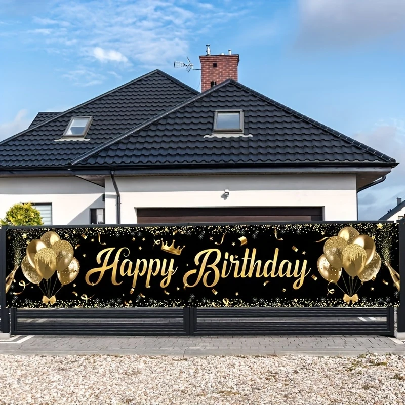 Happy Birthday Banner, Black Gold Glitter Balloon Backdrop, Crown Champagne Birthday Party Decor, Outdoor Yard Fence Sign