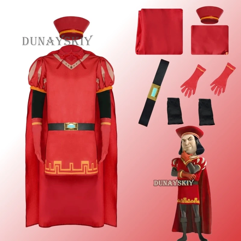 

Lord Farquaad Cosplay Anime Costume Uniform Cloak Glove Hat Set Medieval Cosplay Halloween Party Red Outfit for Kid Women Men