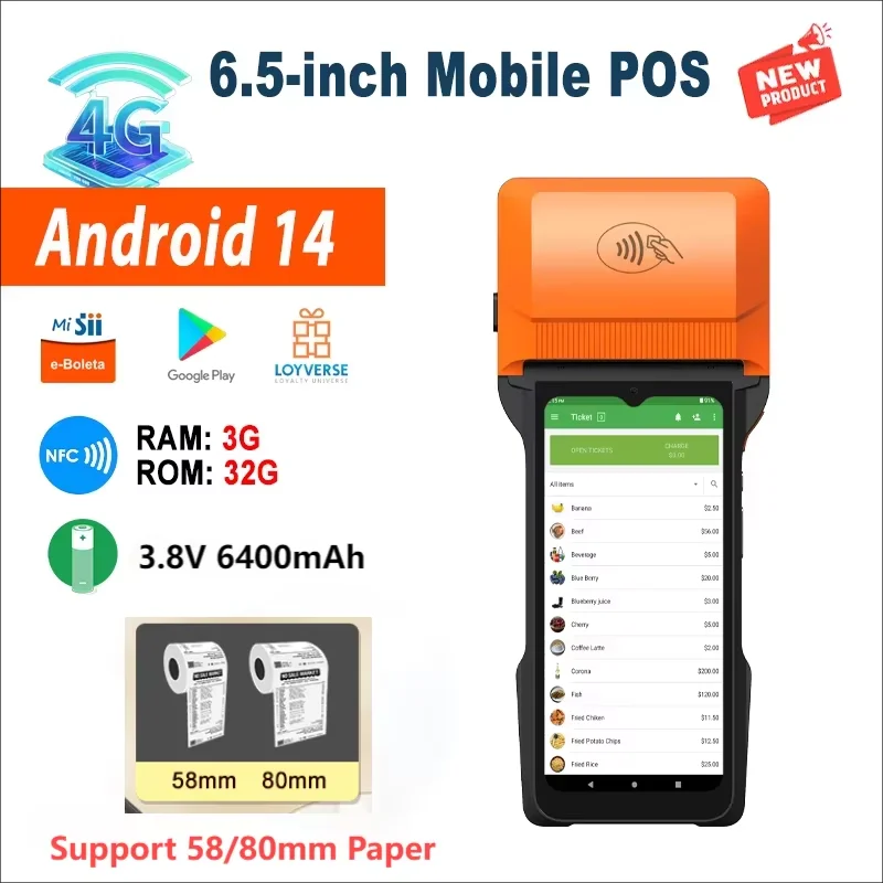 6.5 بوصة Android 14 Mobile POS 3G + 32G Memory، 25-80 مم ملصق وطباعة حرارية POS Terminal، Loyverse POS 4G WIFI BT 2D Scanner PDA