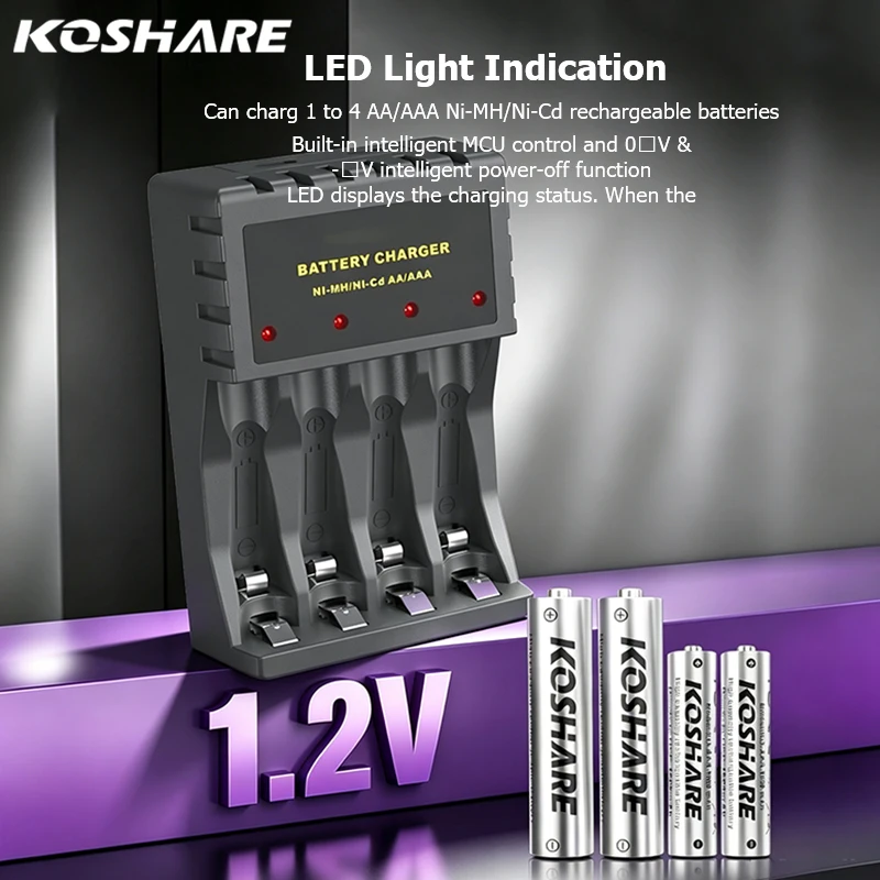 Batteries rechargeables KOSHARE AA AAA 1.2V 2800mAh 1000mAh Ni-MH, ensemble de charge de batteries, chargeur de batteries intelligent à 4 emplacements avec LED, nouveau