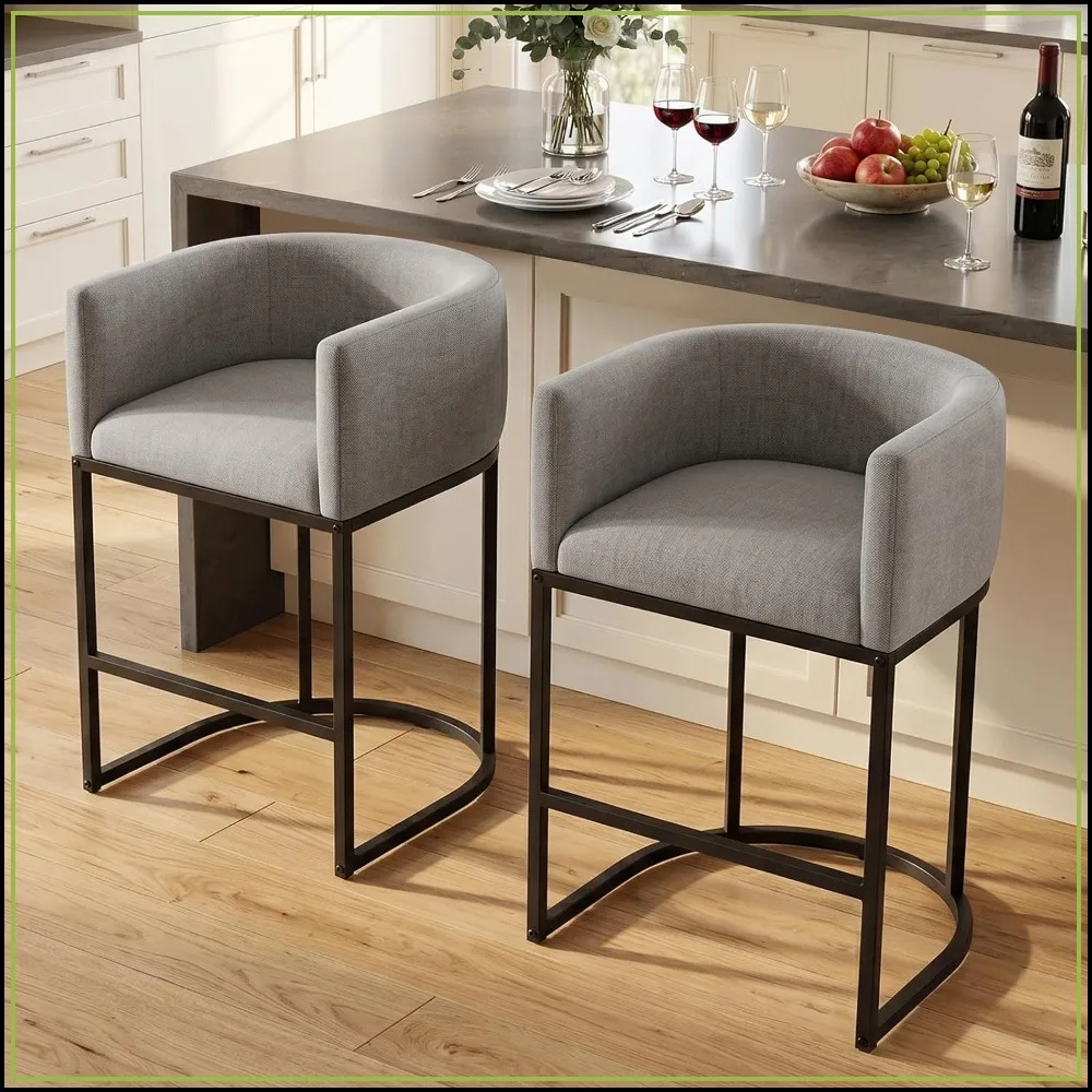Fabric Bar Stools Set of 2, 24 Inch Counter Height for Kitchen Island, Gray