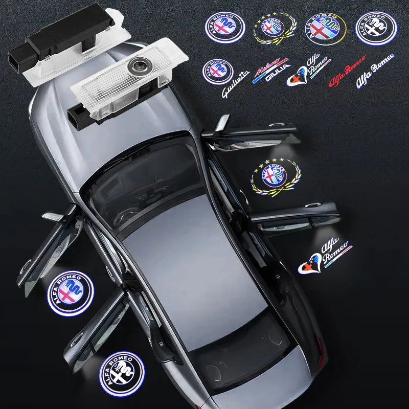 

2026 Hot Car Sticker 2Pcs LED Car Door Light Shadow Logo Laser Projector For Alfa Romeo 147 156 166 159 Giulietta Giulia Mito St