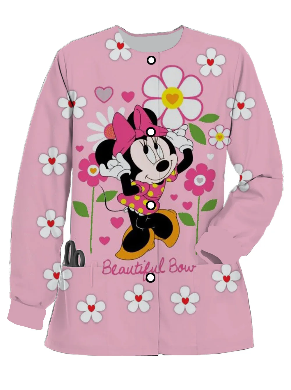 New Disney Mickey Minnie print women's long-sleeved scrub nurse cardigan jacket spring and autumn dentist pocket work uniform