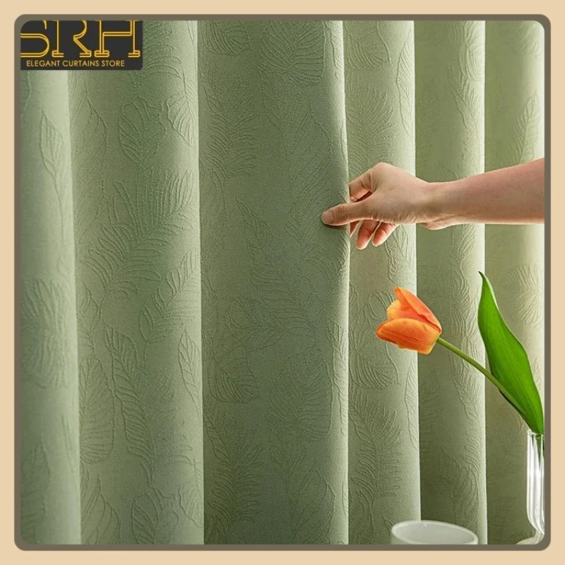 

Simple Small Fresh Curtains with Vein Milk Tea Color Chenille Thick Curtains Living Room Bedroom Blackout Cloth Finished Custom