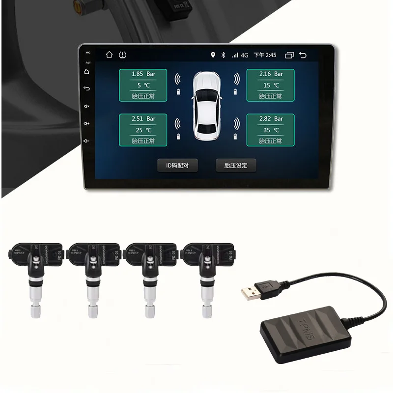 Car TPMS USB Tire Pressure Monitoring System For Android Car DVD Player 4 Sensors Alarm Tire Temperature