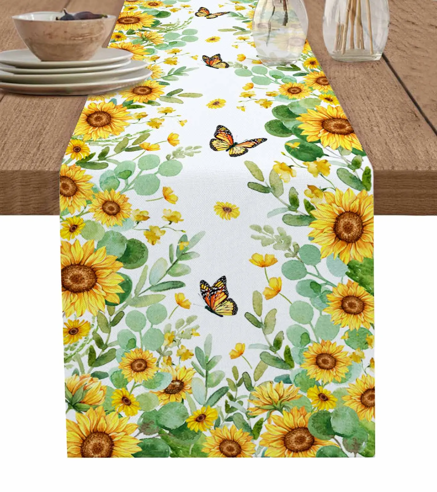 Watercolor Sunflower Eucalyptus Leaf Butterfly Table Runners Coffee Tablecloth Wedding Decoration Modern Home Party Table Mats