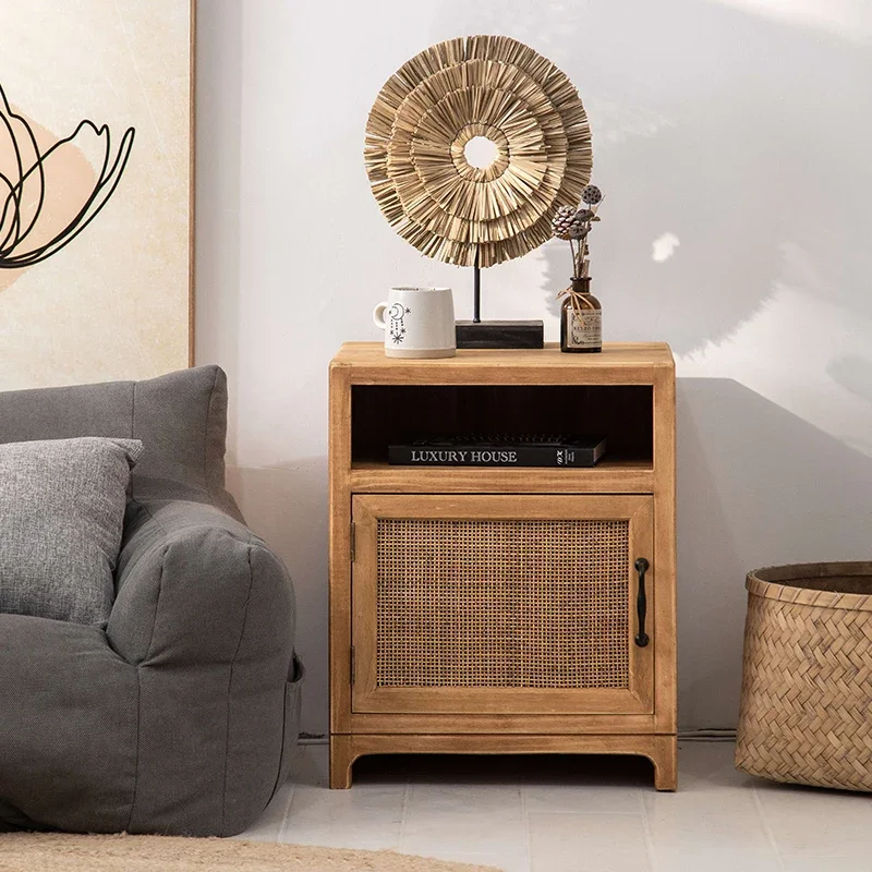 Chinese-Style Rattan Bedside Cabinet, Aesthetic Night Table, Functional Bedroom Furniture for Kids, Charming Design, Modern Home