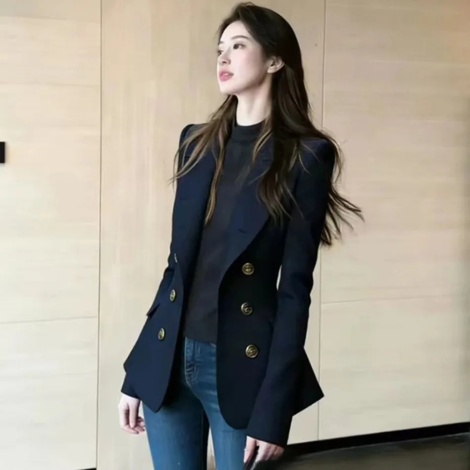 Damen Herbst Neue Mode Locker Sitzender Business-Anzug Blazer Französischer Hochwertiger Marineblauer Doppelreihiger Blazer Jacke Oberbekleidung – Detail 5