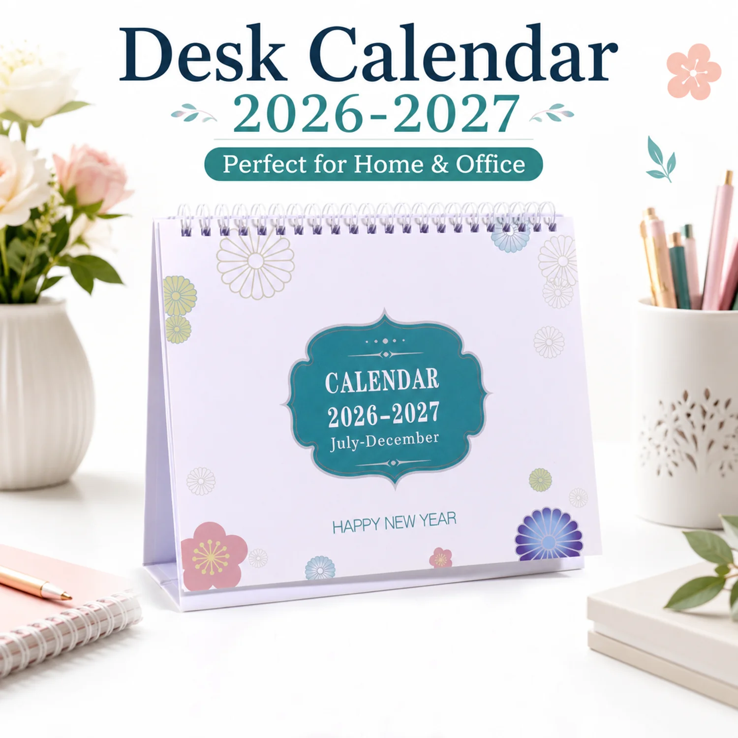 1 PC 2026-2027 Desk Calendar Flower Pattern Cover Twin Wire Stable Stand 18 Month Desktop Planner For Home Office Desk Decor