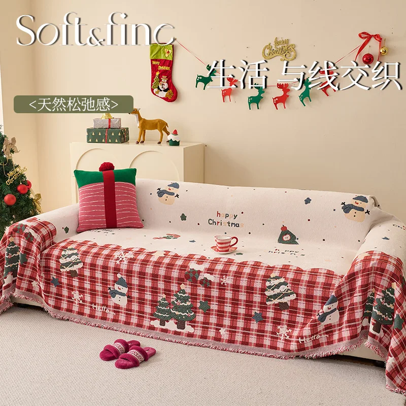 Christmas Chenille Sofa Blanket Santa Deer Printed Sofa Towel Universal Full Cover Dust-proof Anti-scratch L Couch Slipcover