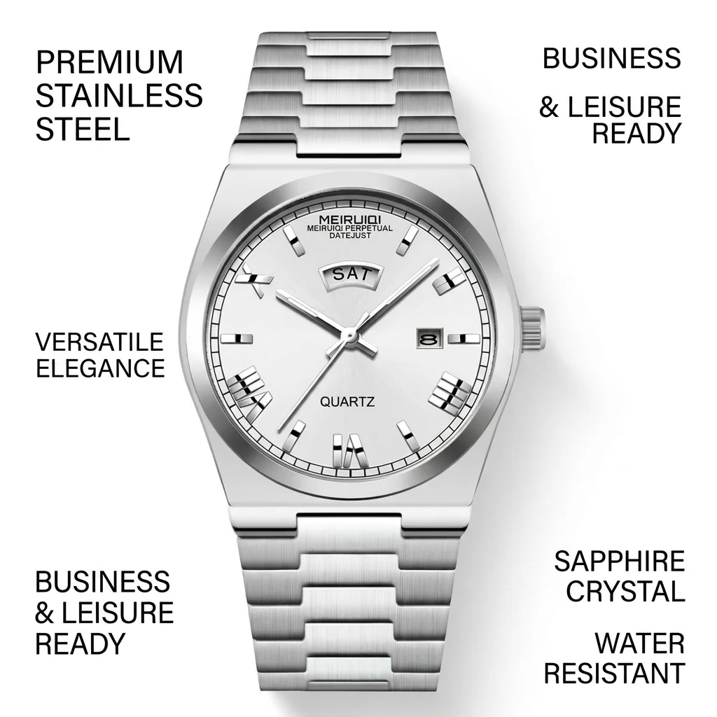 1pcs Men's white dial alloy strap vintage fashion classic business calendar details Quartz Watch for business party holiday