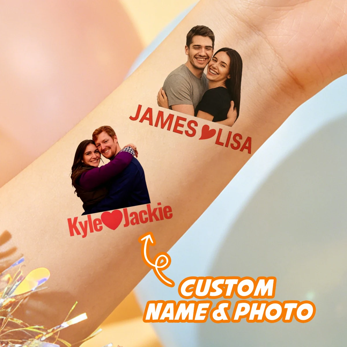 Tatouages temporaires personnalisés avec photo et nom, faux tatouages personnalisés pour enterrement de vie de garçon, fête d'anniversaire