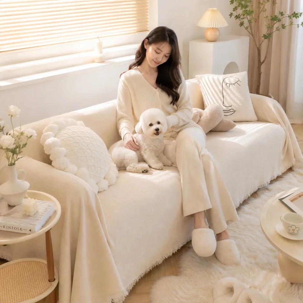 Solid Chenille Sofa Cover Slipcover Modern Simple Couch Protector Washable Furniture Cover for Living Room