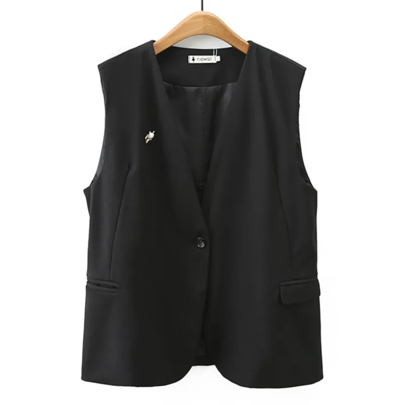 

2023 Autumn Women Sleeveless Jacket Plus Size Casual Clothing V-Neck Suit Vest Black Curve Outwear S61 8818