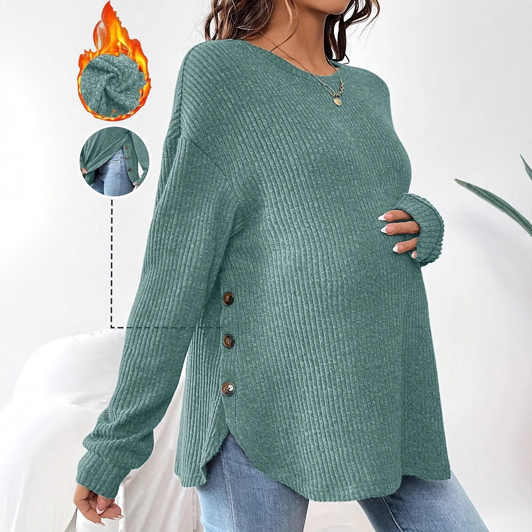 

2025 New Autumn Winter Maternity Top Long Sleeve Round Neck Button Down T-Shirt Casual Comfortable Pregnancy Clothes for Women