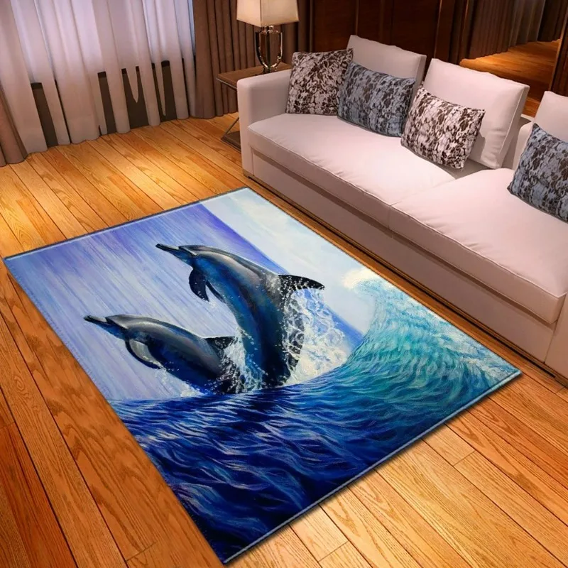 

Cartoon Dolphin Printed Carpet Easy To Clean Large Rugs for Children Bedroom Decor Non Slip Baby Crawling Mat Home Decoration