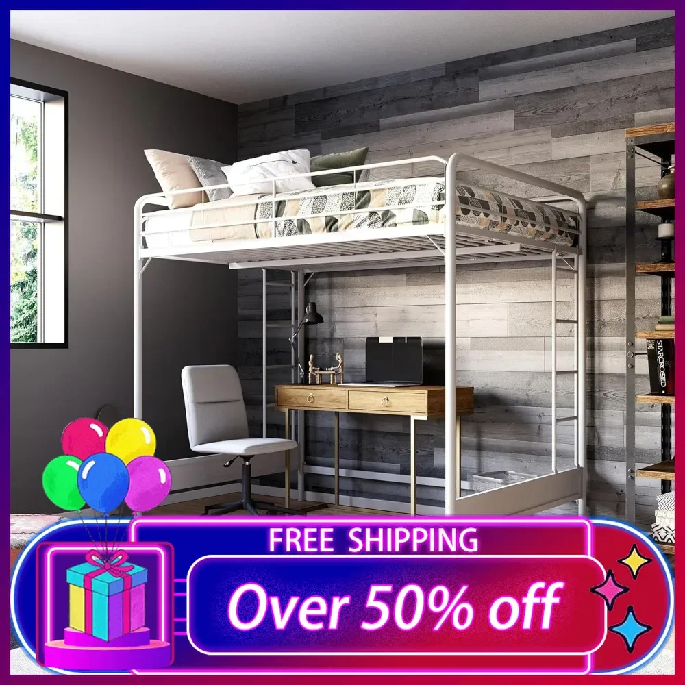 Kid's Metal Loft Bed, Underbed Desk and Gaming Area,Two-Sided Ladder, Full, White, Children's Bed with Full length guardrails