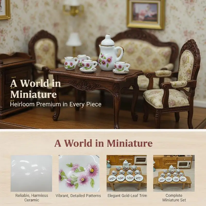 15Pcs Desk Top Mini Doll House Accessories Ceramic 7 Styles China Tea Cup Pocket Tea Set For Dollhouse Decor Kids Pretend Play