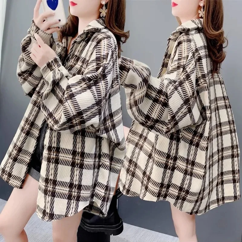 ربيع الخريف رقيقة الرملي منقوشة قميص المرأة 2025 جديد حجم كبير معطف تصميم الشعور ملابس خارجية الإناث ملابس خارجية فضفاضة المد #1